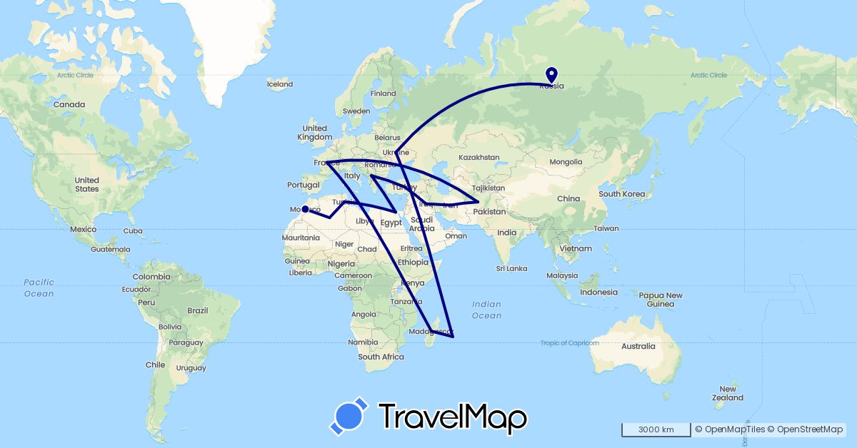 TravelMap itinerary: driving in Afghanistan, Algeria, Egypt, France, Iraq, Iran, Morocco, Madagascar, Russia, Tunisia, Turkey, Ukraine, Kosovo (Africa, Asia, Europe)